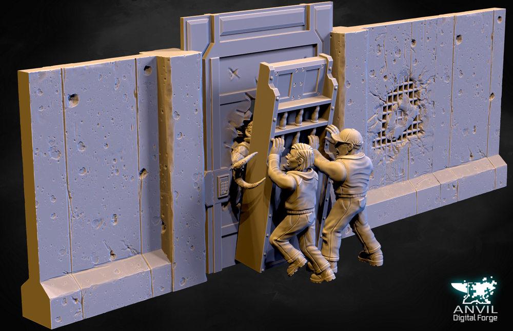 Civilians barricade the doorway against the mutant zombies